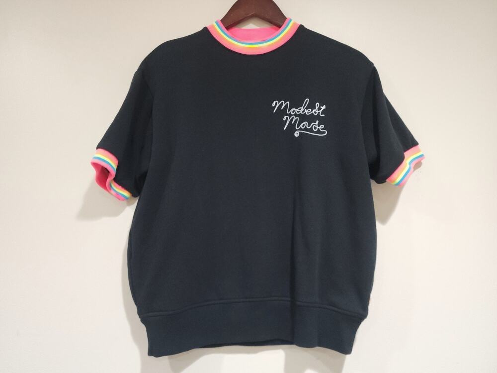 Ambsn x Modest Mouse Short Sleeve Sweatshirt Womens Small Black Rainbow Knot